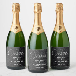 CHEERS Black Glitzer Wedding Sparkling Wine Labels