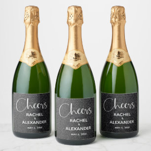 CHEERS Black Glitzer Wedding Sparkling Wine Labels