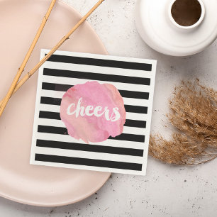 Cheers Black Stripe & Pink Watercolor Serviette