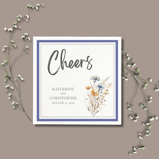 Cheers Blue Wildblumen Elegant Festliche Hochzeit Serviette (Cheers Blue Wildflowers Elegant Formal Wedding Cocktail Napkin with blue, yellow, purple flowers.)