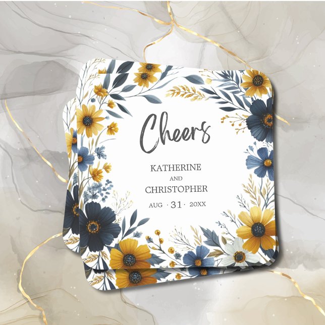 Cheers Blue Yellow Wildblumen Elegante Hochzeit Rechteckiger Pappuntersetzer (Cheers Wildflower Wedding Coast with Blue and Yellow Wildflowers, wedding details.)