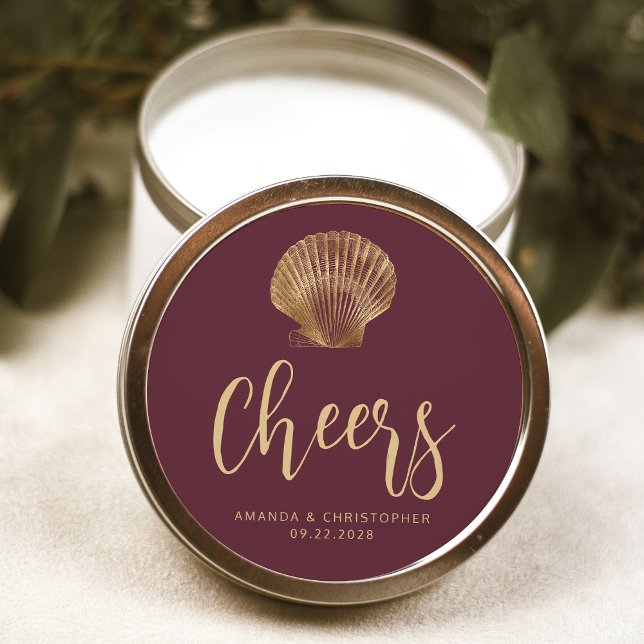 Cheers Burgundy Gold Coastal Beach Hochzeit Runder Aufkleber (Von Creator hochgeladen)