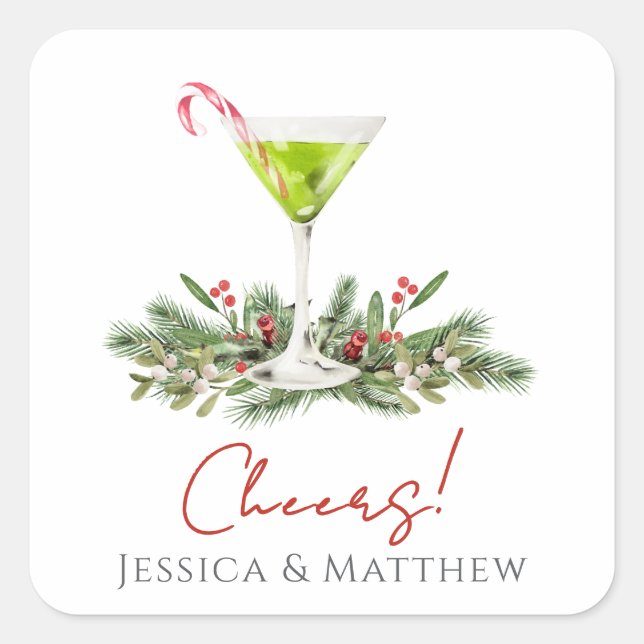 Cheers Candy Cane Martini Cocktail Couples Quadratischer Aufkleber (Vorderseite)