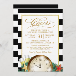 Cheers Champagne Clock Stripes Silvester Party Einladung