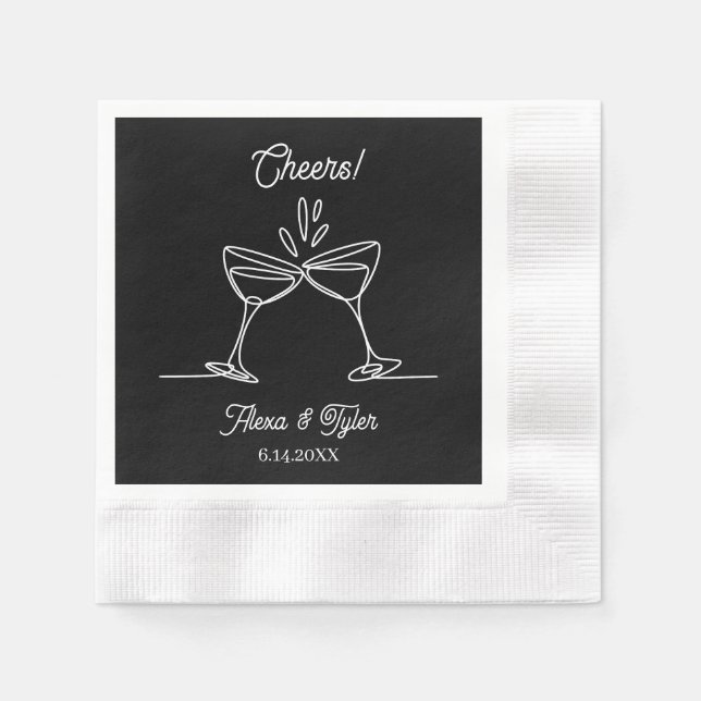 Cheers | Cocktail Line Art Black and White Wedding Serviette (Vorderseite)