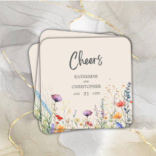 Cheers Colorful Wildblumen Elegante Beige Hochzeit Rechteckiger Pappuntersetzer
