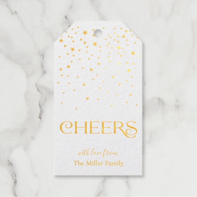 Cheers Confetti Modernes Skript Elegante Weinflasc Geschenkanhänger (Vorderseite)