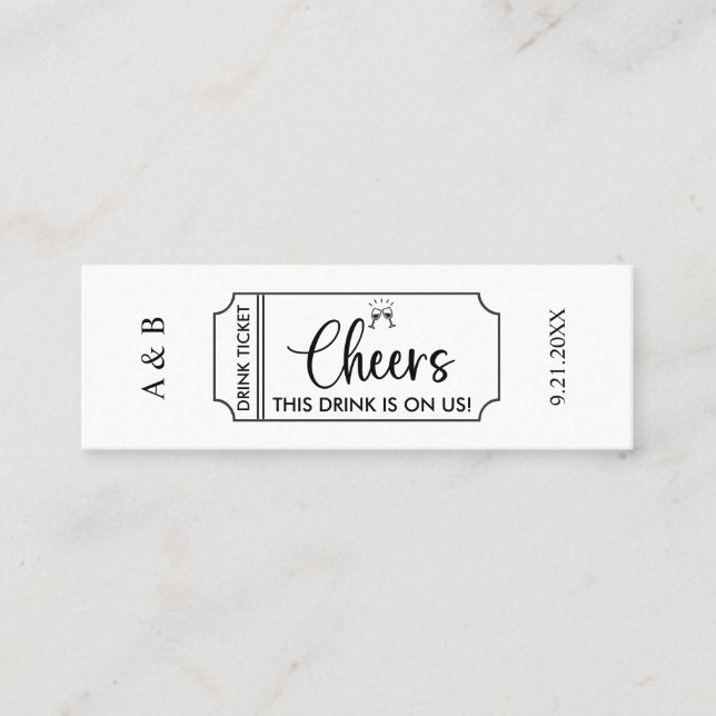 Cheers Drinks auf unserem Hochzeitsticket Mini Visitenkarte (Vorderseite)