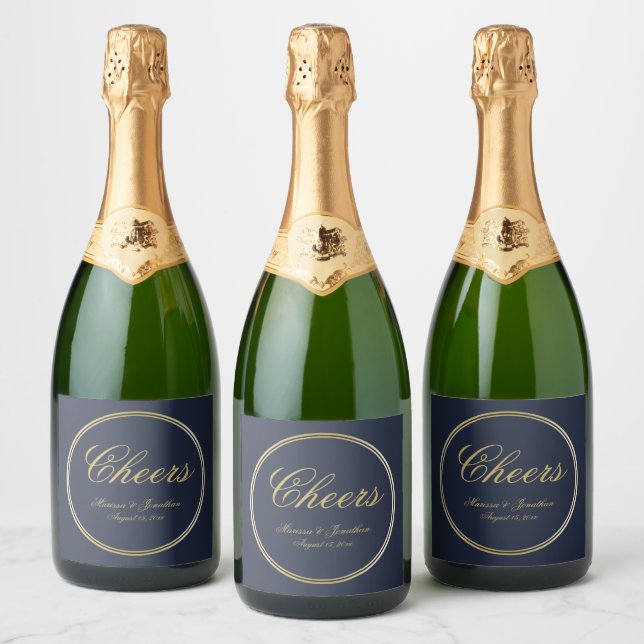 Cheers Elegant Blue Gold Calligraphy Wedding (Flaschen)