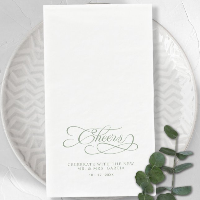 Cheers Elegant Bride & Groom Calligraphy Green Serviette (Cheers Elegant Bride & Groom Calligraphy Green Paper Guest Towels)