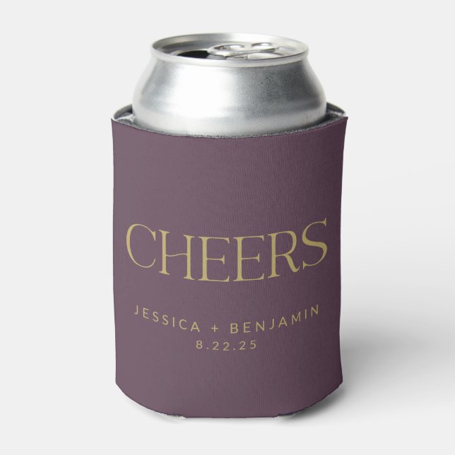 Cheers Elegant Eggplant Gold Typografy Wedding Dosenkühler (Kanne Vorderseite)