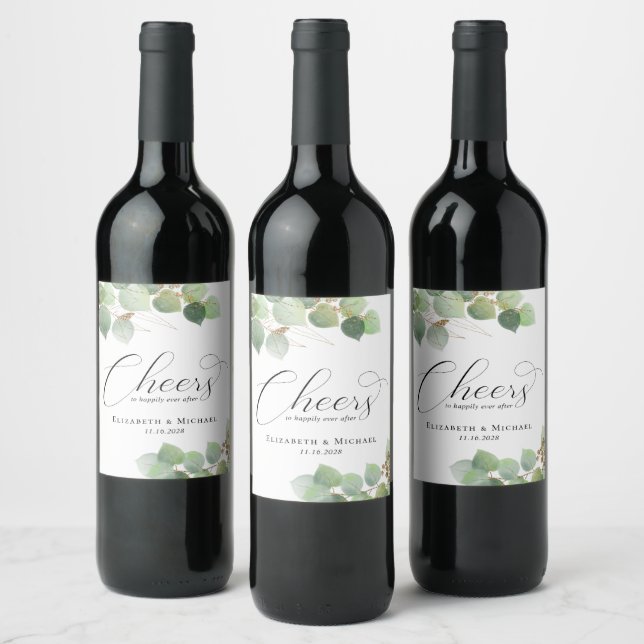 Cheers Elegant Eucalyptus Watercolor Wedding Weinetikett (Flaschen)