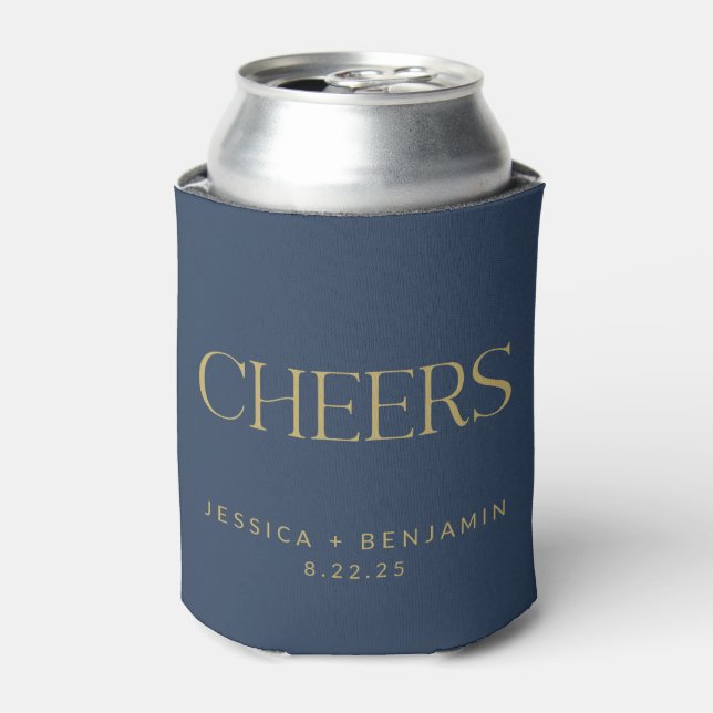 Cheers Elegant Navy Blue Gold Typografy Wedding Dosenkühler (Kanne Vorderseite)