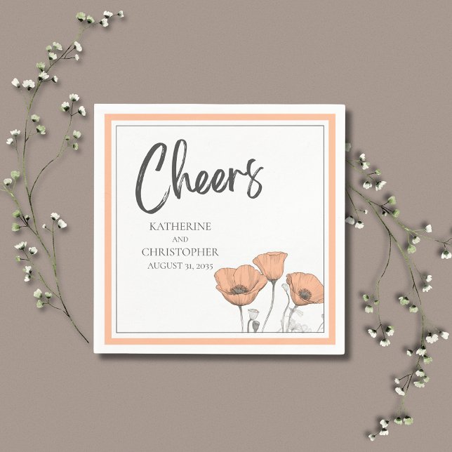 Cheers Elegant Peach Floral Poppies Hochzeit Serviette (Peach Poppies Elegant Wedding Cheers Cocktail Napkin with California Poppies.)