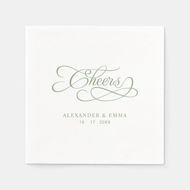 Cheers Elegant Wedding Sage Green Calligraphy Serviette (Vorderseite)
