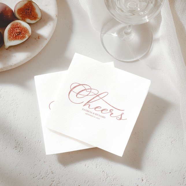Cheers - Elegante Rose Gold Foil Script Hochzeit Serviette (Von Creator hochgeladen)