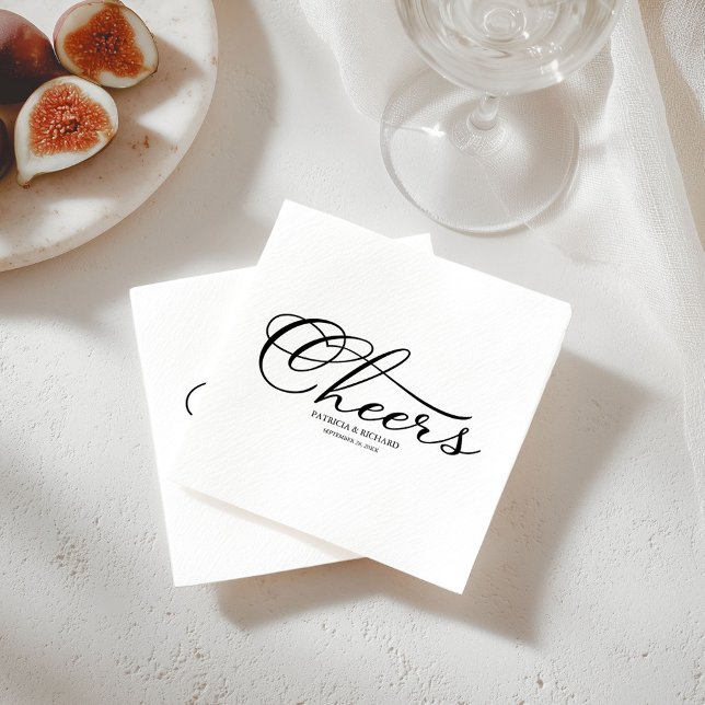 Cheers - elegante Schwarz-Weiß-Script-Hochzeit Serviette (Von Creator hochgeladen)