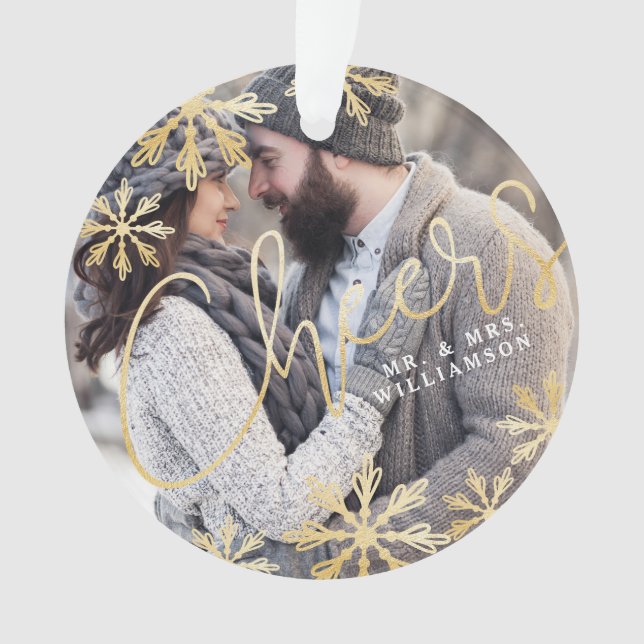 Cheers Elegantes Gold Snowflake Foto Ornament (Vorderseite)