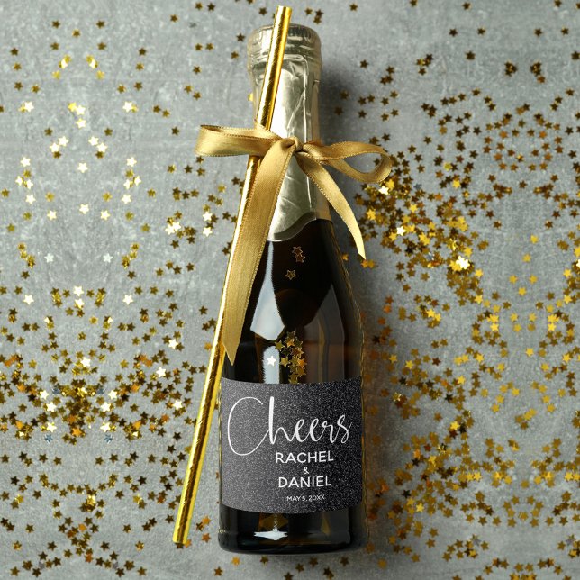 Cheers Faux BLACK GLITTER Wedding Mini (Cheers black faux glitter mini sparkling wine labels personalized for your wedding)