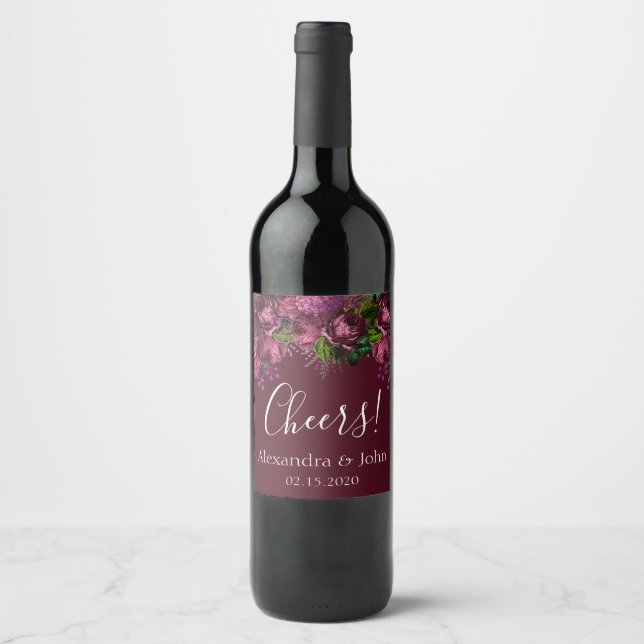 Cheers Floral Marsala Burgundy Weinkarte Weinetikett (Vorderseite)