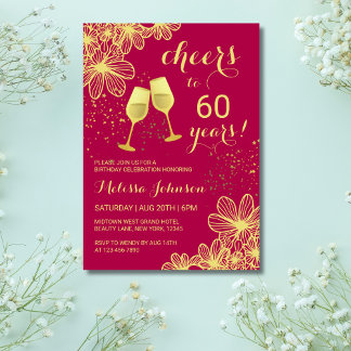 Cheers Floral Violet Red Milestone Geburtstag Einladung
