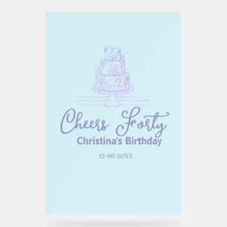 Cheers forty happy birthday cake blue purple name acrylschild