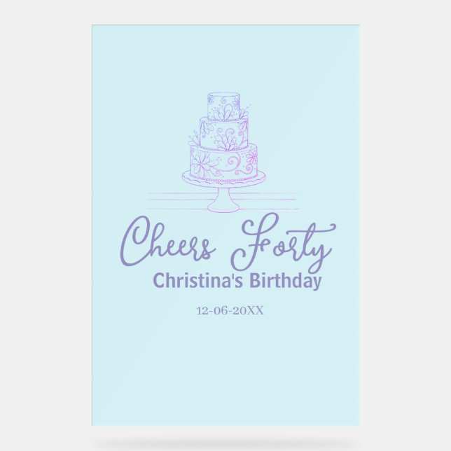 Cheers forty happy birthday cake blue purple name  acrylschild (Vorderseite)