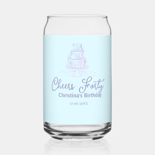 Cheers forty happy birthday cake blue purple name  dosenglas (Vorderseite)