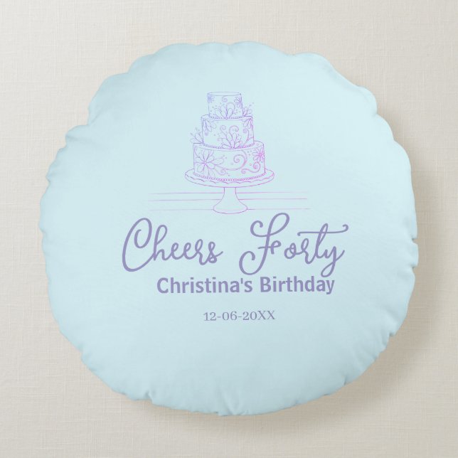 Cheers forty happy birthday cake blue purple name  rundes kissen (Vorderseite)