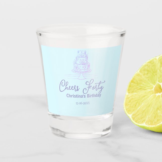 Cheers forty happy birthday cake blue purple name  schnapsglas (Vorderseite)