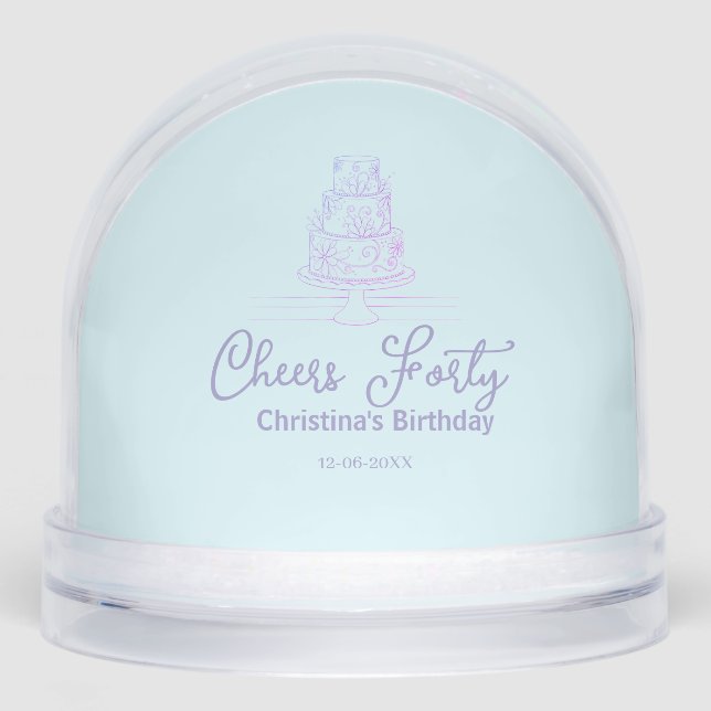 Cheers forty happy birthday cake blue purple name  schneekugeln (Vorderseite)