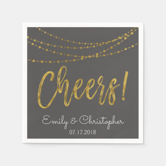 Cheers Gold Foil String Lights und Charcoal Gray Serviette (Vorderseite)