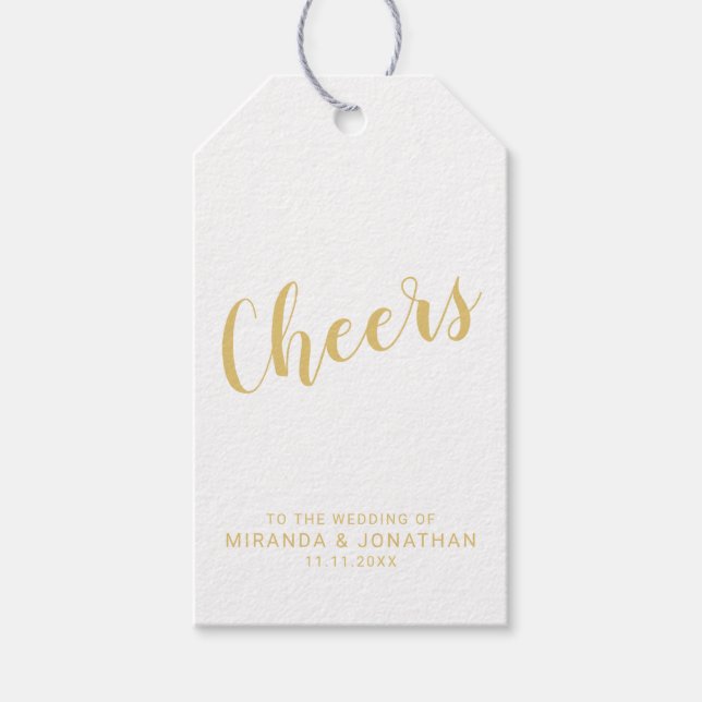 'Cheers' Gold Moderne Skripte Hochzeit Wein Gesche Geschenkanhänger (Vorderseite)