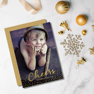 Cheers Gold Script Confetti Holiday Foto Cards Feiertagskarte