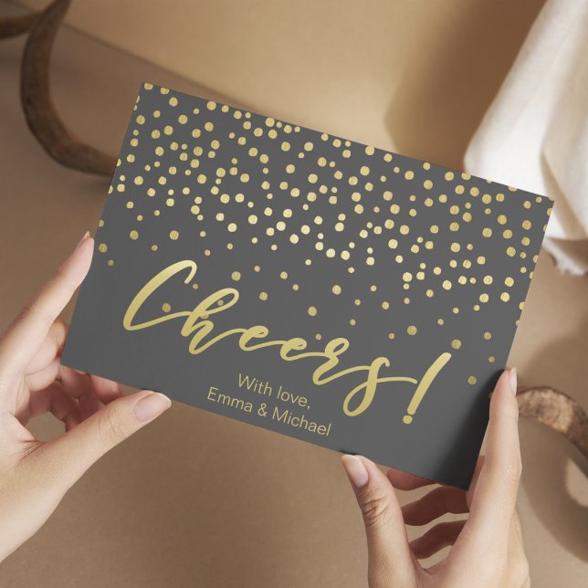 Cheers - Gold Script & Confetti Postkarte (Von Creator hochgeladen)