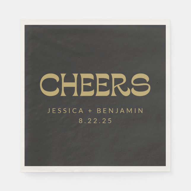 Cheers Groovy Black Gold Typografy Names Wedding Serviette (Vorderseite)