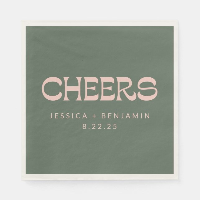 Cheers Groovy Pink Green Typografy Names Wedding Serviette (Vorderseite)