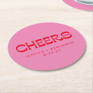 Cheers Groovy Pink Red Typografy Names Wedding Runder Pappuntersetzer