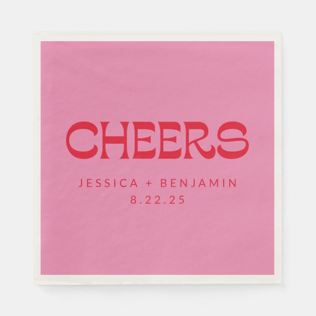 Cheers Groovy Pink Red Typografy Names Wedding Serviette (Vorderseite)