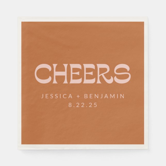 Cheers Groovy Terracotta Typografy Names Wedding Serviette (Vorderseite)