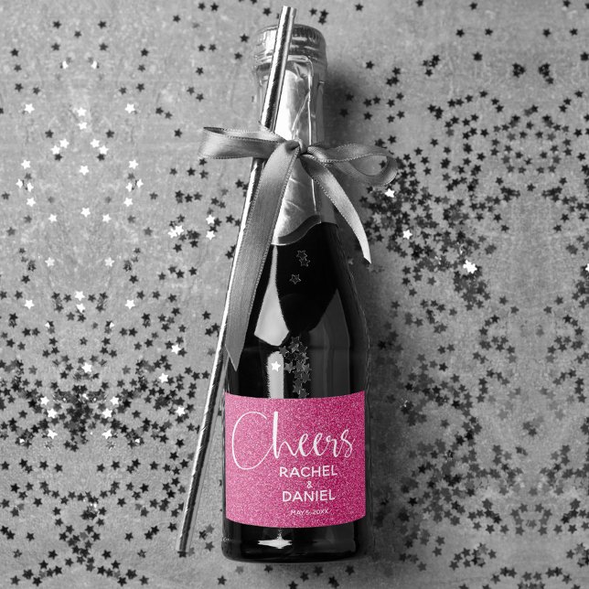 Cheers Imitate HOT PINK GLITZER Wedding Mini (Cheers hot pink faux glitter mini sparkling wine labels personalized for your wedding)