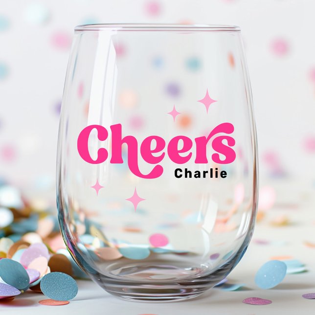 Cheers individuelle Name rosa Retrostars Weinglas Ohne Stiel (Cheers custom name pink retro stars stemless wine glass)
