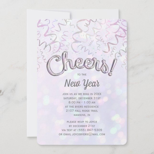 Cheers Iridescent Bokeh Silvester Einladung (Vorderseite)