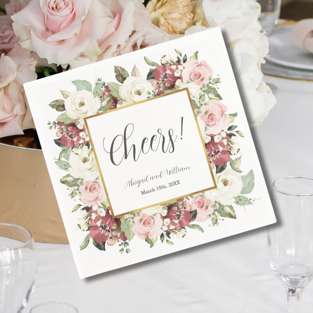 Cheers Mauve Pink Florals Gold Frame Wedding Serviette (Von Creator hochgeladen)
