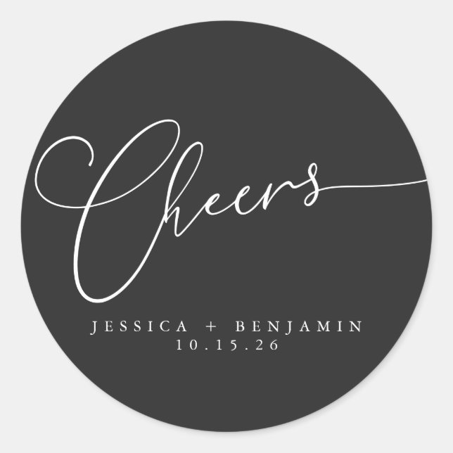 Cheers Minimal Black Elegant Script Custom Wedding Runder Aufkleber (Vorderseite)