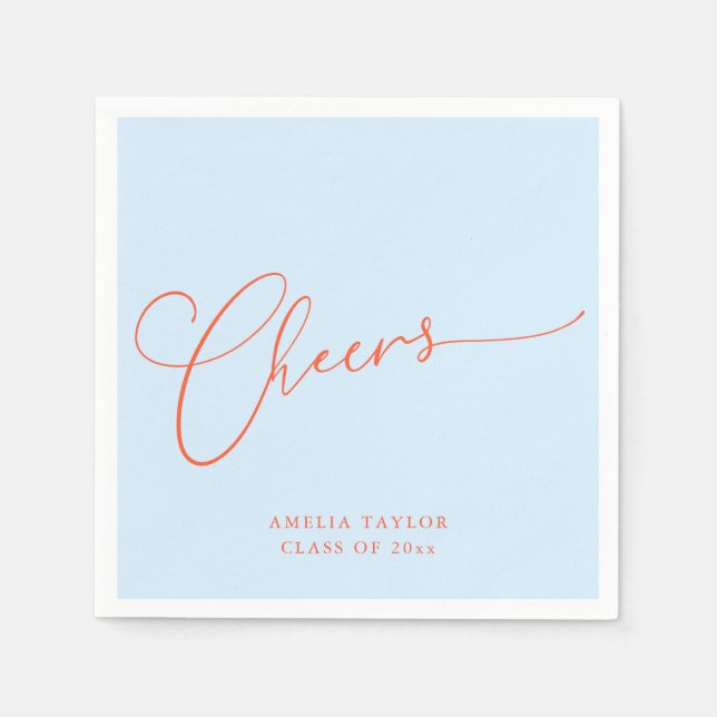 Cheers Minimal Blue Orange Script Graduation Party Serviette (Vorderseite)
