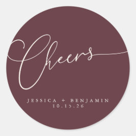 Cheers Minimal Burgundy Script Custom Wedding Runder Aufkleber
