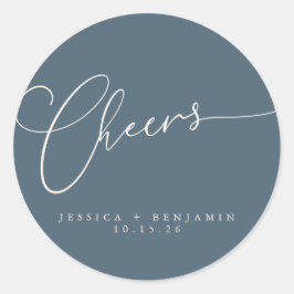 Cheers Minimal Dark Blue Script Custom Wedding Runder Aufkleber
