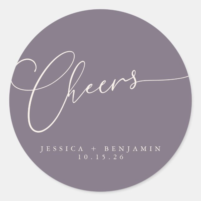 Cheers Minimal Dusty Lila Script Custom Wedding Runder Aufkleber (Vorderseite)