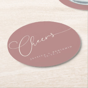 Cheers Minimal Dusty Rose Script Custom Wedding Runder Pappuntersetzer